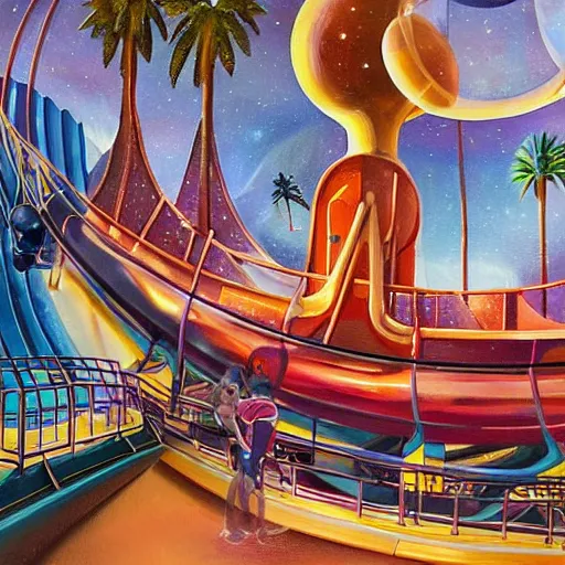 Image similar to the astro orbiter ride at disneyland melting in the heat, surreal painting, high detail