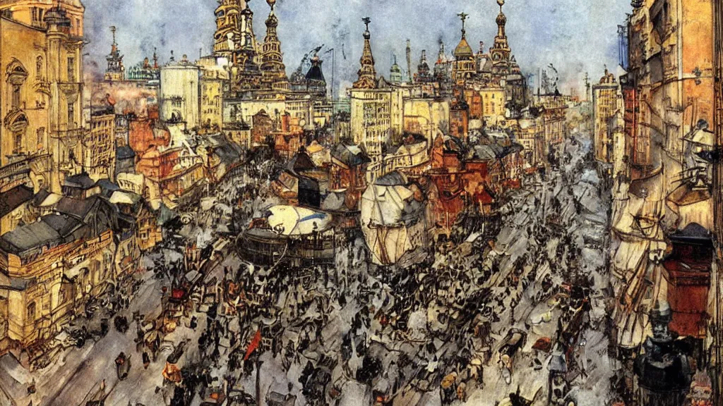 Image similar to russian revolution dieselpunk 1 9 1 0 cityscape, painting by carl larsson