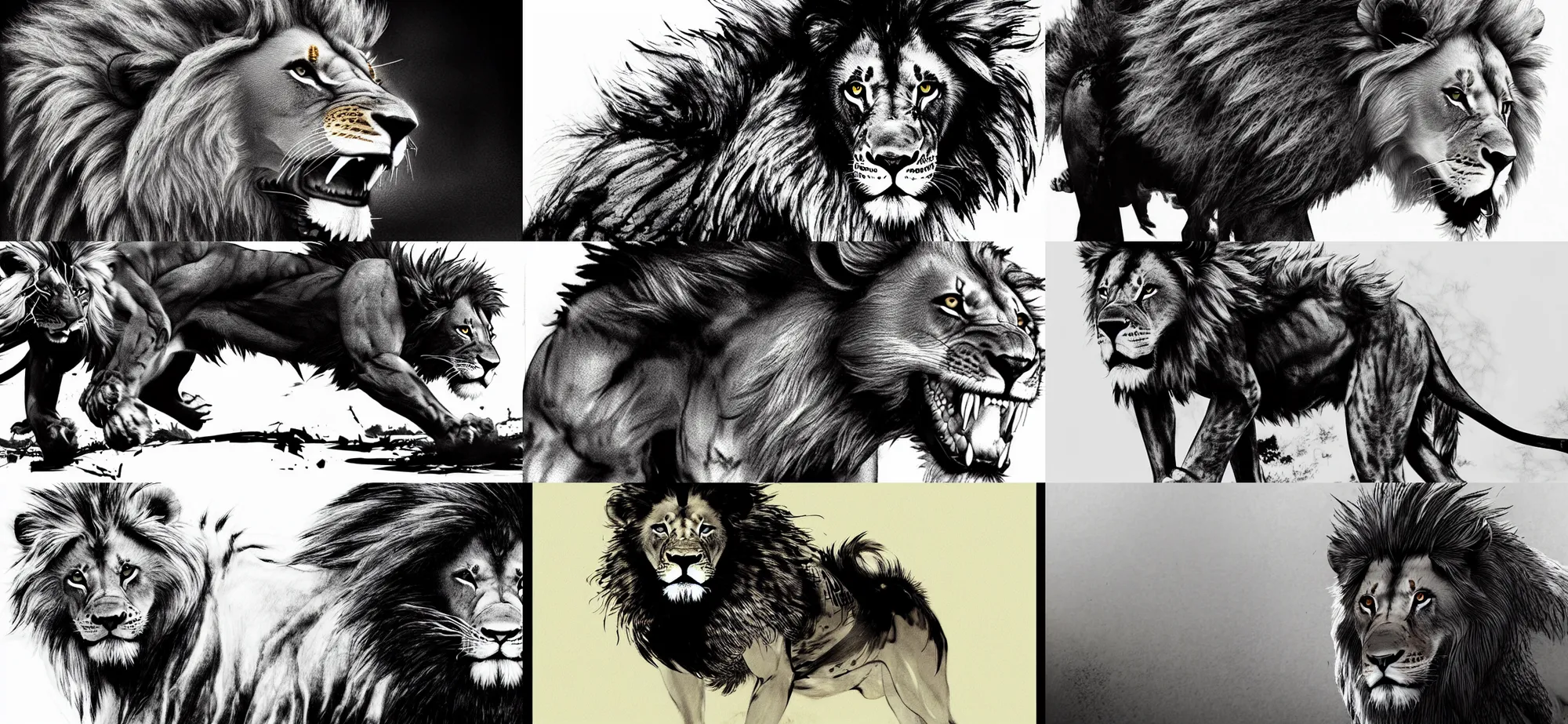 Prompt: concept ink art of a fierce male lion with a bushy mane by Yoji Shinkawa, snarling, intense focused gaze, King of the jungle, moments from attacking, heavy two tone shading, black smoke surrounds the area, black and white filter, white background, by Yoji Shinkawa AND Greg Rutkowski, Mark Arian, 4k, trails of ink follow movements