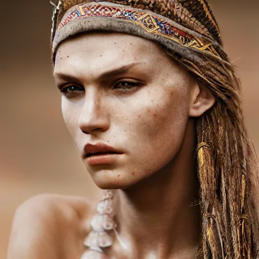 Image similar to portrait of a stunningly beautiful caucasian tribal female, depth of field, zeiss lens, detailed, symmetrical, centered, fashion photoshoot, by Annie Leibovitz and Steve McCurry, David Lazar, Jimmy Nelsson, Breathtaking, 8k resolution, extremely detailed, beautiful, establishing shot, artistic, hyperrealistic, beautiful face, octane render