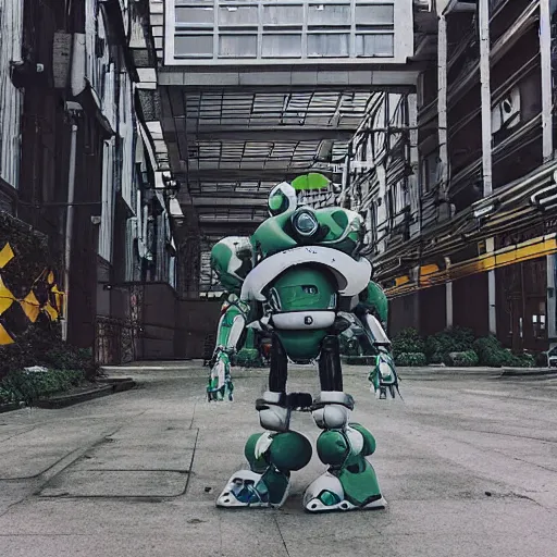 Image similar to “Tachikoma is patrolling near the entrance to a tall industrial warehouse. Street level. 2077 Photomode in the architectural style of Neo-Tokyo. 8k ”