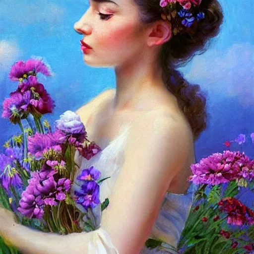 Image similar to a portrait of a romantic woman with flowers grow out of hair, roses peonies forget-me-nots dahlias lupins gladioli, sky theme in background, by Alexandr Averin, Digital Art, Trending on artstation