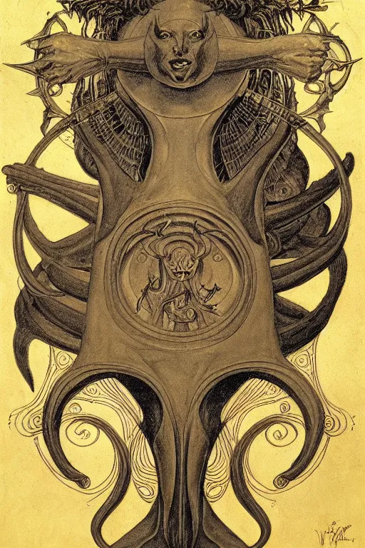 Image similar to occult diagram of the horn of victory, alphabet of desire in the style of wayne barlowe, gustav moreau, goward,  Gaston Bussiere and roberto ferri, composition by austin osman spare