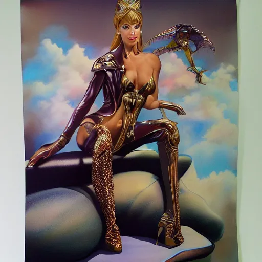 Image similar to an airbrush painting of a nice looking girl with beautiful forms dressed in shiny leather, seated legs spread on a throne in a fantasy land, by hajime sorayama and boris vallejo, trending on artstation, 4K