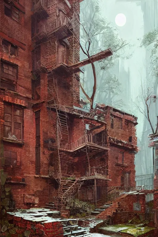 Image similar to (((((a ramshackle Manhattan brick brownstone deep in the forest))))) by Tim McBurnie!!!!!!!!!!!!!!!!!!!!!!!!!!!