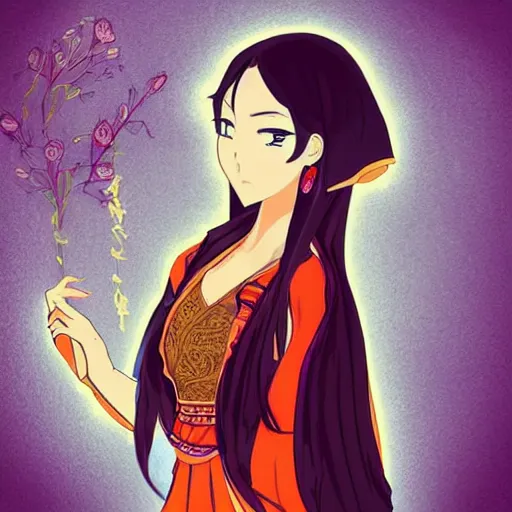 Prompt: “Confident woman in Central Asian clothes, Anime style”