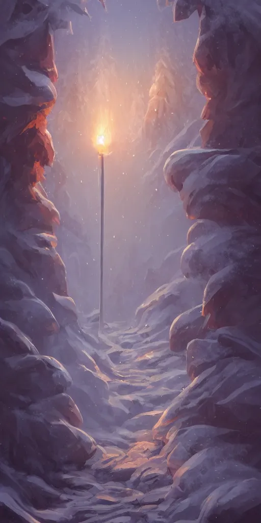 Image similar to a magical carved wooden staff mounted with a glowing crystal stuck in the ground halfway up a snowy mountain in the style of Sylvain Sarrailh, wispy magical smoke, beautiful digital art, cinematic composition, detailed, concept art, Matt painting, oil painting, high res