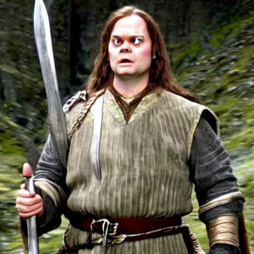 Image similar to dwight schrute playing gimli in lord of the rings