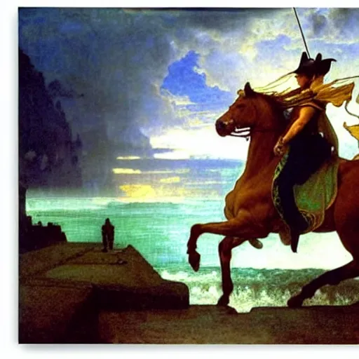 Image similar to Magician riding a horse leaving the castle through the bridge, thunderstorm, beach ocean on the background major arcana sky, by paul delaroche, alphonse mucha and arnold böcklin arnold böcklin hyperrealistic 8k, very detailed