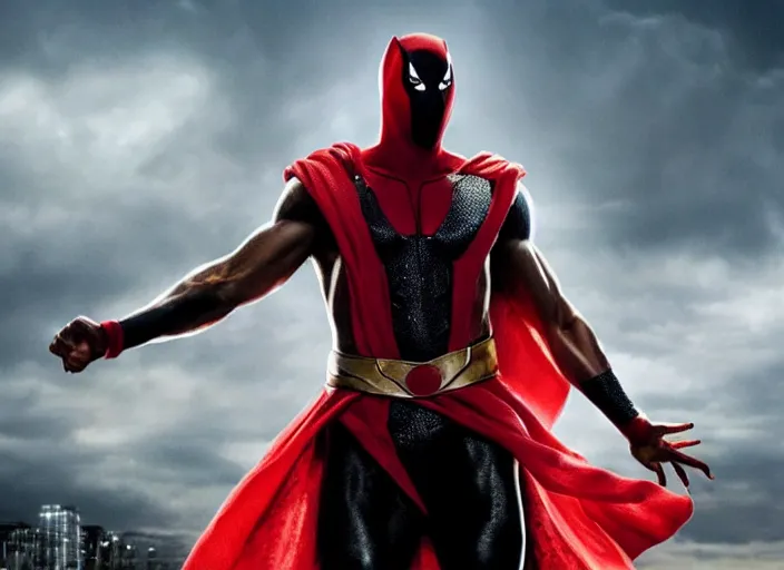 Image similar to film still of michael b jordan as spawn in the new spawn movie, giant chains, large cape, 8 k