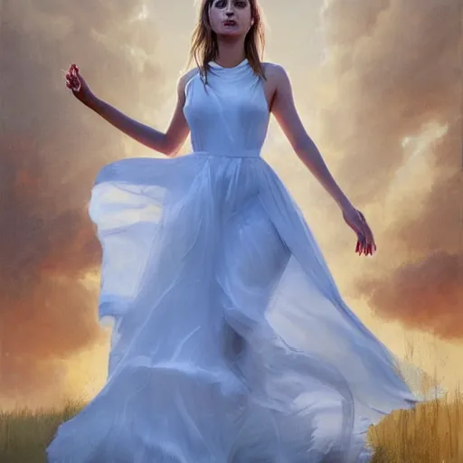 Prompt: portrait of beautiful happy young ana de armas wearing a beautiful silky white dress, painted by greg rutkowski, stanley artgerm, igor kieryluk, coherent, hyper realistic, blue eyes