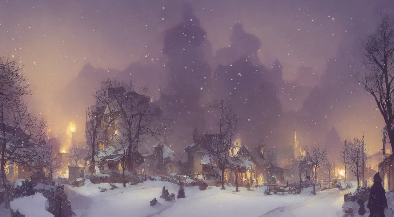 Image similar to A beautiful landscape painting of a small village in the snow at night with smoke rising from the chimneys by Alfons Maria Mucha and Julie Dillon and Makoto Shinkai