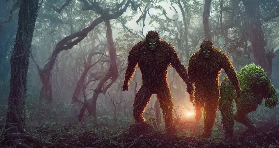 Prompt: Marvel Comics Man Thing Battles DC Comics Swamp Thing In A Misty Swamp, bats, sunset, volumetric lighting, hyperrealistic, beautiful details, HDR, octane render, action shot, wide angle, bokeh, Yasushi Niarasawa Moebius Jim Steranko Style