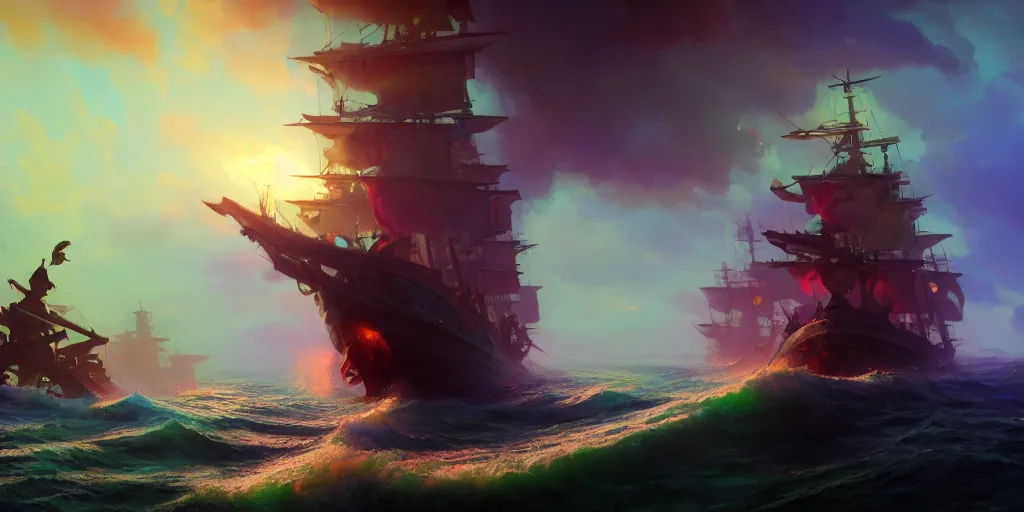 Image similar to a pirate standing on the nose of the ship commanding to his crew to attack another ship, psychedelic mushroom colors everywhere, extremely detailed digital painting, in the style of fenghua zhong and ruan jia and jeremy lipking and peter mohrbacher, mystical colors, rim light, beautiful lighting, 8 k, stunning scene, raytracing, octane, trending on artstation