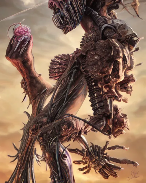 Prompt: Death is swallowed up in victory, very detailed and beautiful face, pink hair, screaming, mechanical grasshopper attacks, artwork by artgerm, centered shot, wide angle, full body, Elfpunk, mythpunk, DD, fantasy, highly detailed, digital painting, artstation, smooth, sharp focus, art by thomas kinkade and H.R. Giger and Tyler Edlin