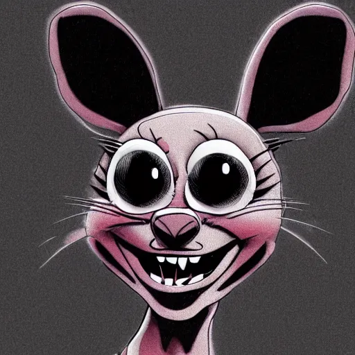 Image similar to A extremely highly detailed majestic hi-res beautiful, highly detailed head and shoulders portrait of a scary terrifying, horrifying, creepy black cartoon rabbit with scary big eyes, earing a shirt laughing, hey buddy, let's be friends, in the art style of Walt Disney