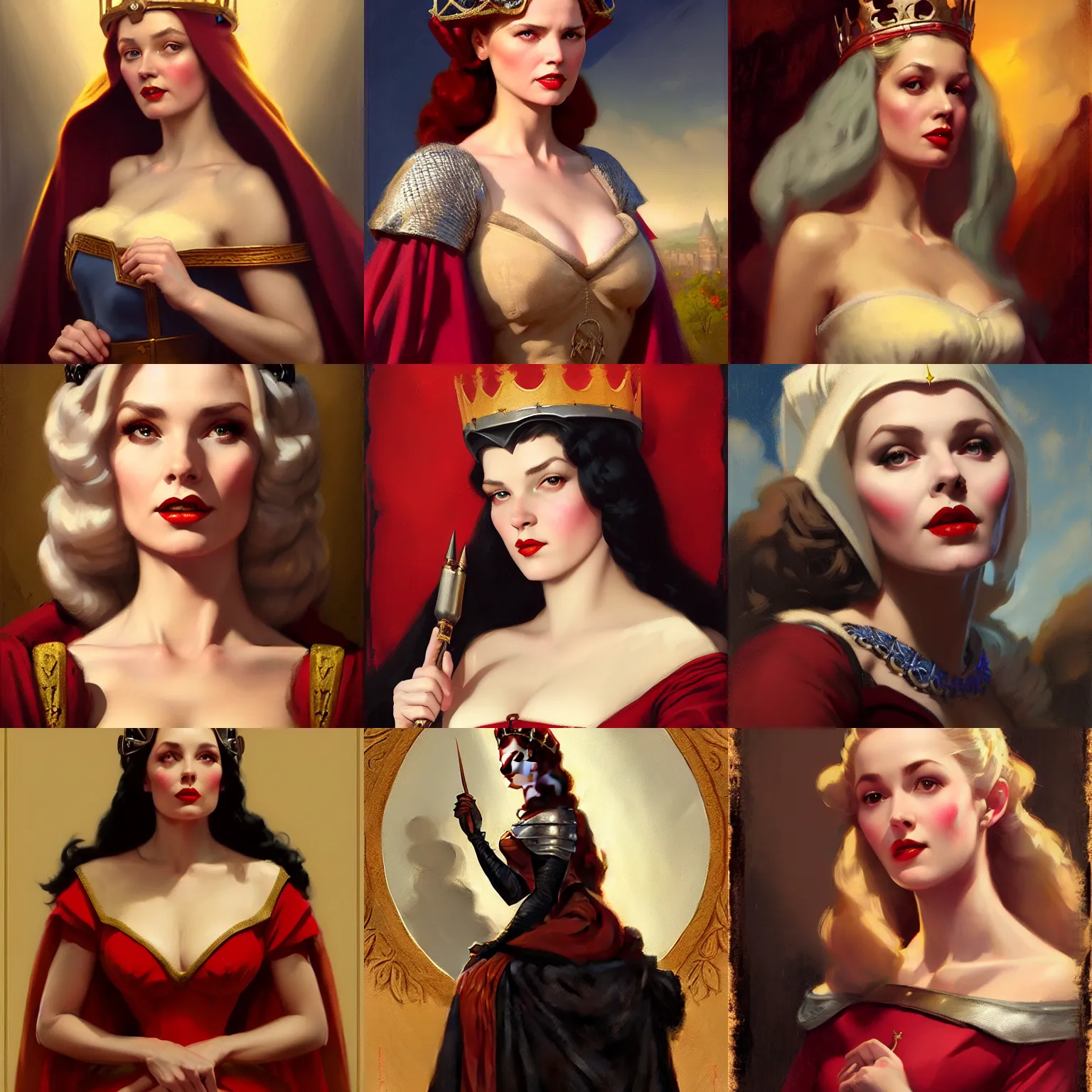 Prompt: medieval queen portrait matte painting, trending on artstation, gil elvgren, greg rutkowski, magali villeneuve, artgerm, jeremy lipkin, michael garmash