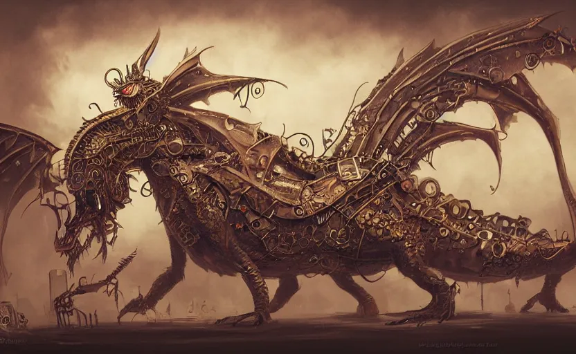 Image similar to concept art for a steampunk clockwork dragon. whimsical fantasy art. dark background. award winning painting. highly detailed digital art. masterpiece. trending on artstation