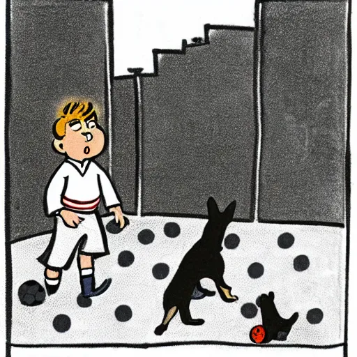 Image similar to illustration of french boy on the streets of paris playing football against a corgi, the dog is wearing a polka dot scarf, comic, 1 9 6 6