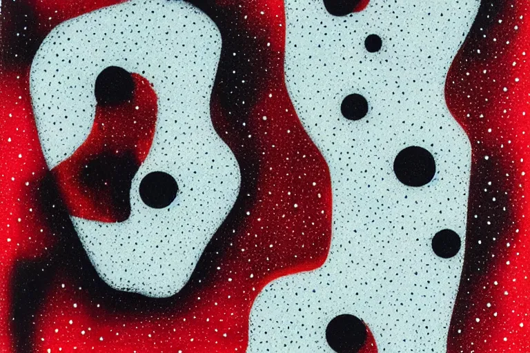 Image similar to teeth, smile, faceless people dark, acrylic, clay, dots abstract, dripping, stipple, pointillism, technical, abstract, minimal, style of francis bacon, asymmetry, pulled apart, stretch, cloak, eerie, made of dots, abstraction chemicals, balaclava mask, colored dots, sploch