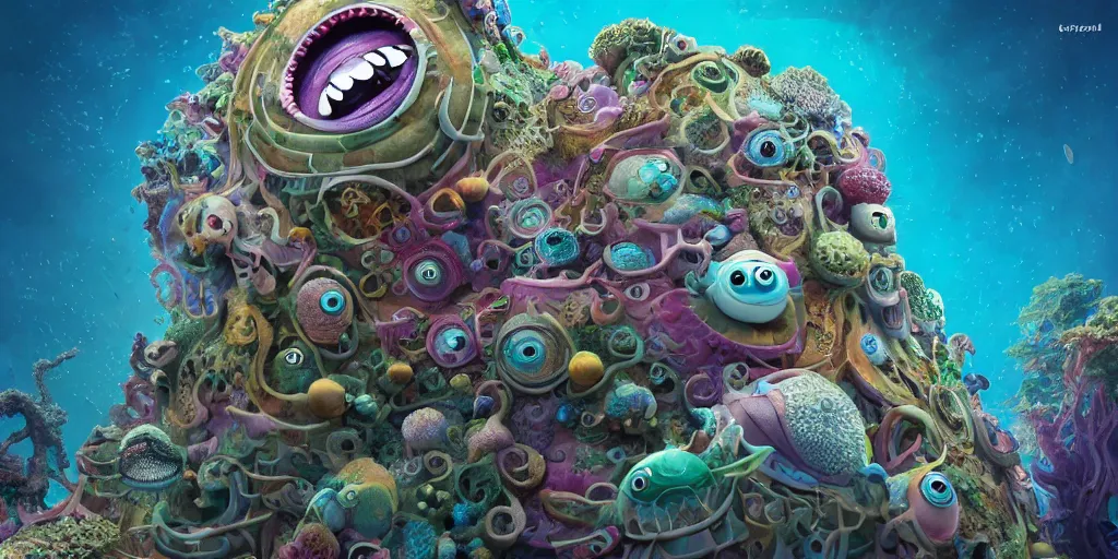 Image similar to of an intricate sea reef with strange cute friendly happy creatures with huge eyes, mouth, long tongue, round teeth and goofy face, appearing from the background, in the style of gehry and gaudi, macro lens, shallow depth of field, ultra detailed, digital painting, trending artstation, concept art, illustration, cinematic lighting, photorealism, epic, octane render