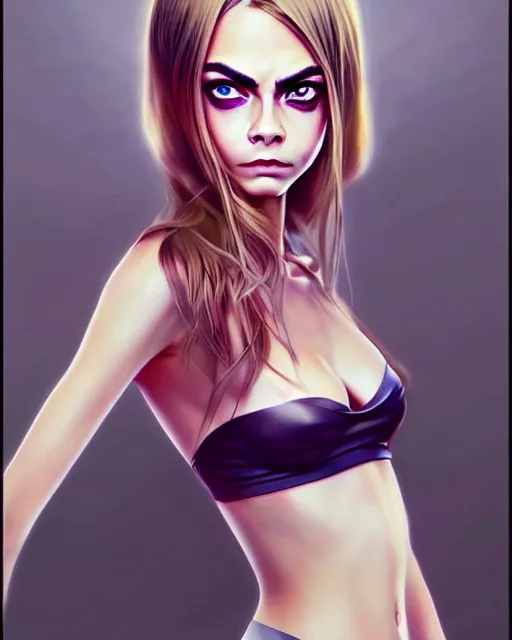 Image similar to portrait of Cara Delevingne as Anime girl cute-fine-face, full body! pretty face, realistic shaded Perfect face, fine details. Anime. realistic shaded lighting by Ilya Kuvshinov Giuseppe Dangelico Pino and Michael Garmash and Rob Rey