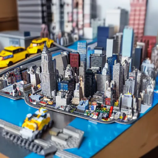 Prompt: detailed lego build of new york city on garage table, professional photo, professional lighting, HDR