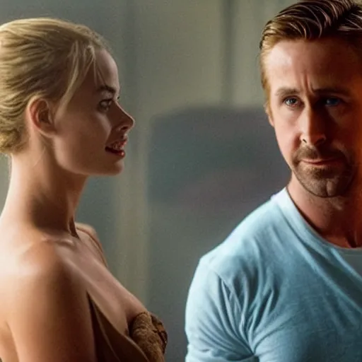 Image similar to still of ryan gosling and margot robbie, in apocalypse now