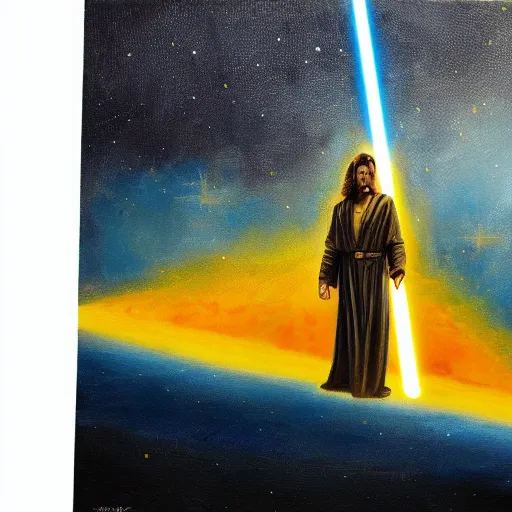 Image similar to a jedi standing with his yellow lightsaber activated from a distance staring at a falling star destroyer, oil painting