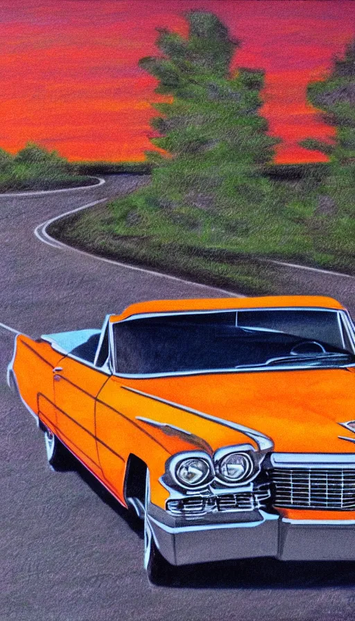 Prompt: 1 9 6 3 cadillac convertible driving down empty highway into a bright orange sunrise, oil pastel, high detail, realistic, vintage, sepia, far shot