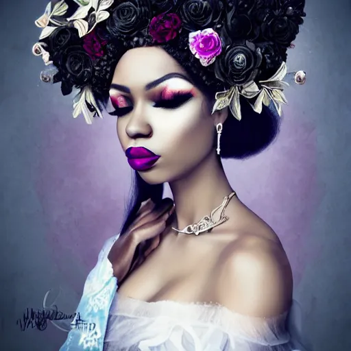 Image similar to portrait of a black woman inspired by Natalie Shau, Anna dittmann,flower crown, face gems, make up,cinematic