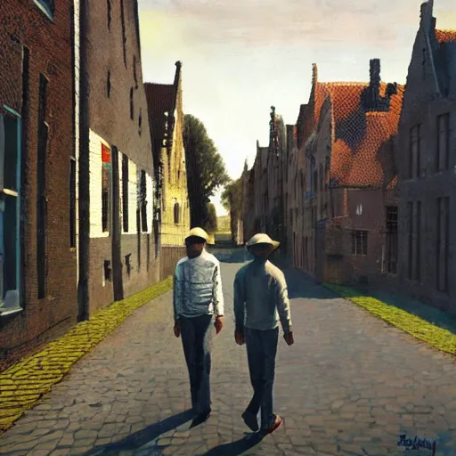 Prompt: bob marley walking in bruges, painted by scott listfield, sunny, happy