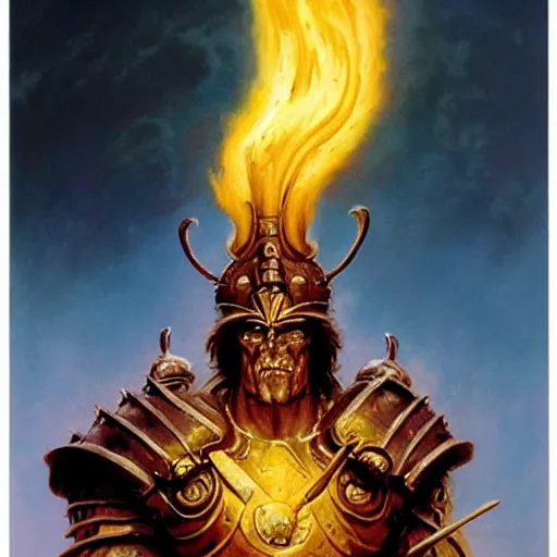 Image similar to head and shoulders portrait of a paladin fire giant, wreathed in flame, d & d, fantasy, greg rutkowski, frank frazetta, alexandre chaudret, boris vallejo, michael whelan, miro petrov, hr giger, magali villeneuve, donato giancola