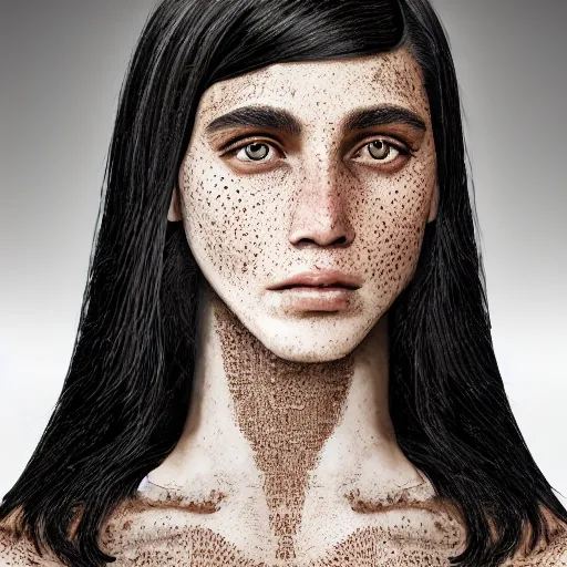 Image similar to pretty black haired woman, with freckles on face, suntanned skin, dark brown middle eastern eyes narrowed, scar on left side of neck, wearing black armor, digital art, hyperdetailed, hyperrealistic, 4 k, 8 k