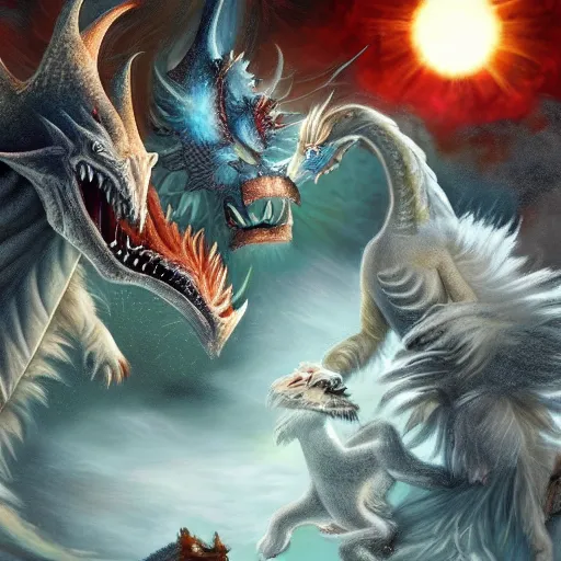 Image similar to fantasy art ultra detailed photo of a yeti and great pyrenees dog fighting a dragon in a blizard