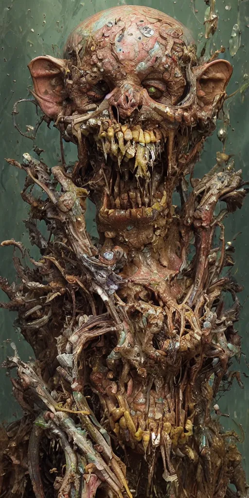 Prompt: close - up portrait of very ugly goblin by irakli nadar with intricate detailed color smashing fluid oil paint and acrylic, headdress made of bones, melting wax, mycelia, abstract impressionism, ruan jia, fantasy, hyper detailed, concept art, by peter mohrbacher and gustav klimt,