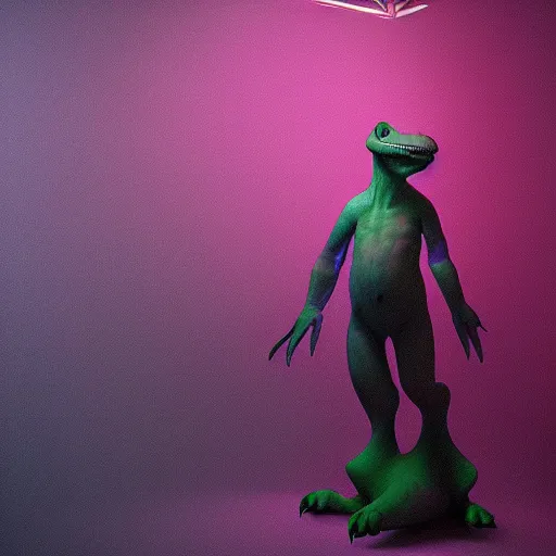 Image similar to barney the dinosaur in a dim purple lit room, melancholy, trending on artstation