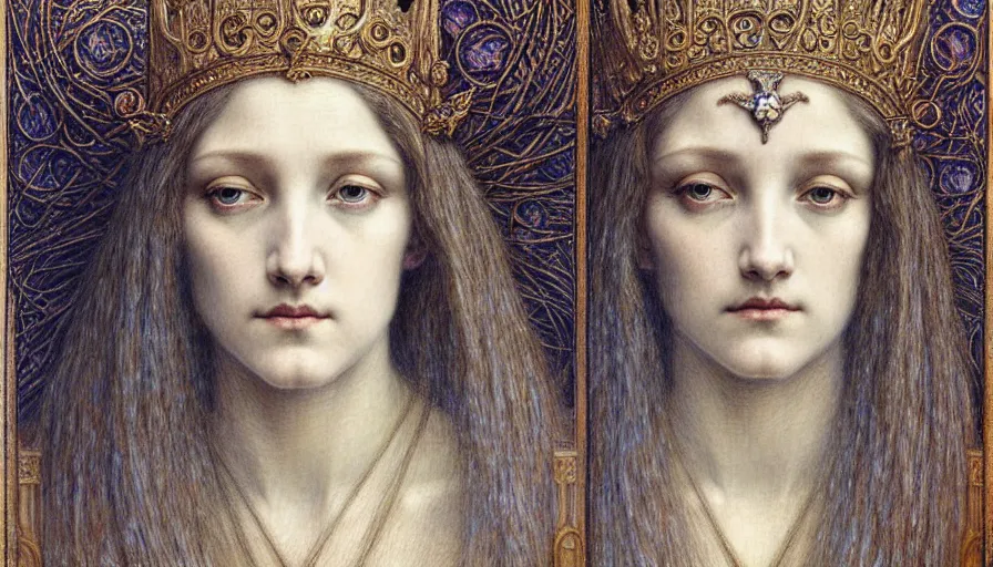 Image similar to detailed realistic beautiful young medieval queen face portrait by jean delville, gustave dore and marco mazzoni, art nouveau, symbolist, visionary, gothic, pre - raphaelite. horizontal symmetry