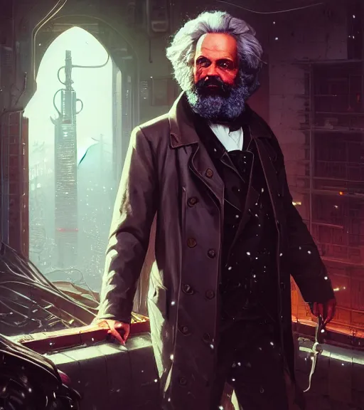 Prompt: highly detailed portrait of karl marx in cyberpunk, cyborg, stephen bliss, unreal engine, fantasy art by greg rutkowski, loish, rhads, ferdinand knab, makoto shinkai and lois van baarle, ilya kuvshinov, rossdraws, tom bagshaw, global illumination, radiant light, detailed and intricate environment