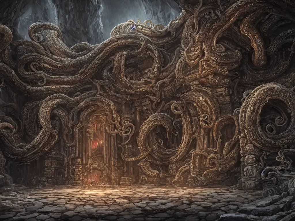 Prompt: A picture of a mysterious ancient temple with tentacles coming out of the massive entrance art by John J. Park and Jason Chan, ominous, cosmic horror, trending on artstation, Ultra detailed, hyper realistic, 4k