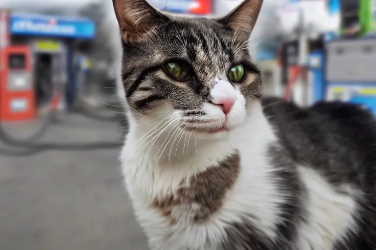 Image similar to cat smoking a cigarette in the gas station wide angle lens