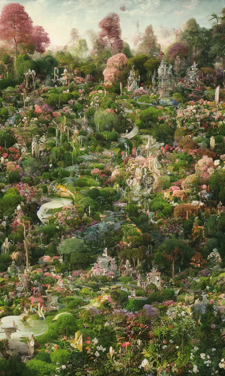 Image similar to bosch and beeple painting of a magnificent garden