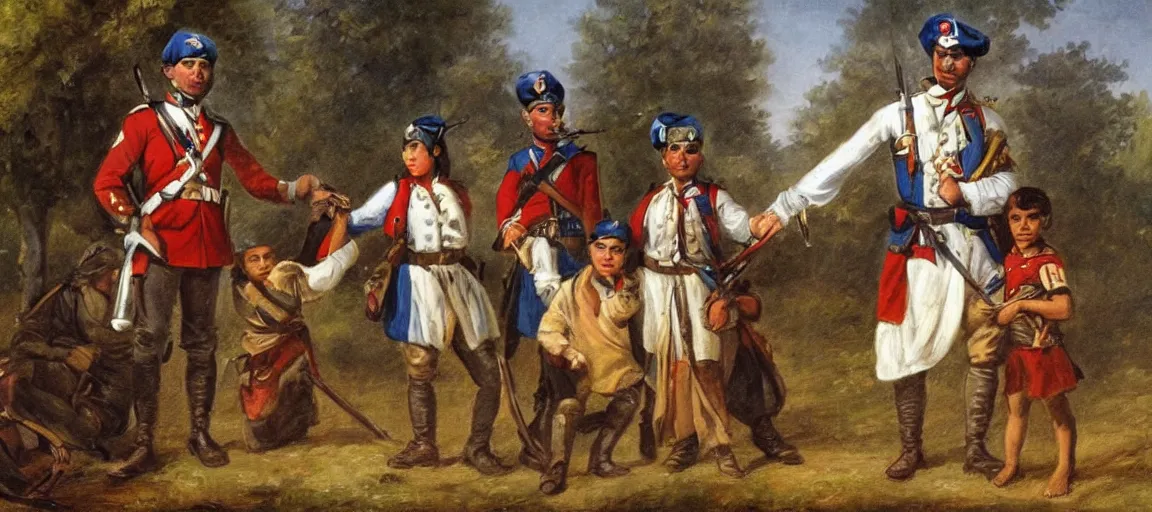 Prompt: american revolutionary painting of a french soldier protecting an indian girl and a british boy.