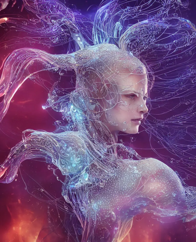 Image similar to close-up macro portrait of the face of a beautiful princess, epic angle and pose, symmetrical artwork, 3d with depth of field, blurred background, cybernetic jellyfish female face skull phoenix bird, translucent, nautilus, energy flows of water and fire. a highly detailed epic cinematic concept art CG render. made in Maya, Blender and Photoshop, octane render, excellent composition, cinematic dystopian brutalist atmosphere, dynamic dramatic cinematic lighting, aesthetic, very inspirational, arthouse. y Greg Rutkowski, Ilya Kuvshinov, WLOP, Stanley Artgerm Lau, Ruan Jia and Fenghua Zhong