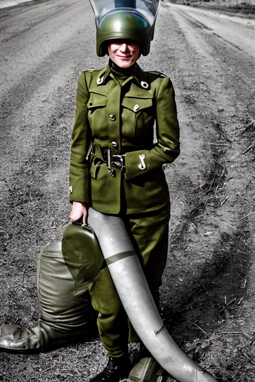 Image similar to 5 0 mm f 8 full body portrait photography of a retro future wwii airborne infantry soldier riding a futuristic motorcycle who's a mix of claire danes and liv ullmann with green eyes and very long striped hair, wearing an aaf wwii leather flying helmet and goggles, with green eyes, smirking, setting is wwii trenches, by jovana rikalo