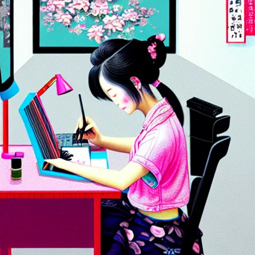 Image similar to full view of taiwanese girl studying at her computer, in taipei, style of yoshii chie and hikari shimoda and martine johanna, highly detailed
