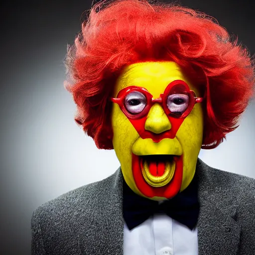 Prompt: portrait photograph of Ronald-McDonald with an angry stare
