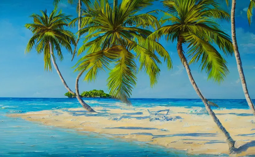 Image similar to A beautiful award winning painting of a tropical beach with palm trees and blue ocean, trending on artstation