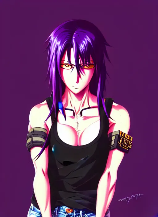 Image similar to revy black lagoon, purple hair, black tank top, jean shorts, tribal sleeve left arm, portrait shinkai makoto, studio ghibli, studio key, madhouse anime studio, artgerm, lau rossdraws james jean marc simonetti pixiv