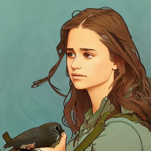 Image similar to Alicia Vikander as a teenager birdwatching, highly detailed, artstation, digital illustration, concept art, by Kyoto Animation and Studio Ghibli, by Ilya Kuvshinov and Alphonse Mucha